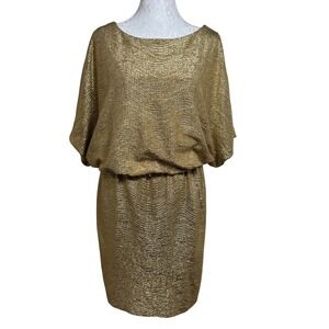 XSCAPE By Joanna Chen Gold Metallic Knit Blouson Cocktail Sheath Dress Womens 12